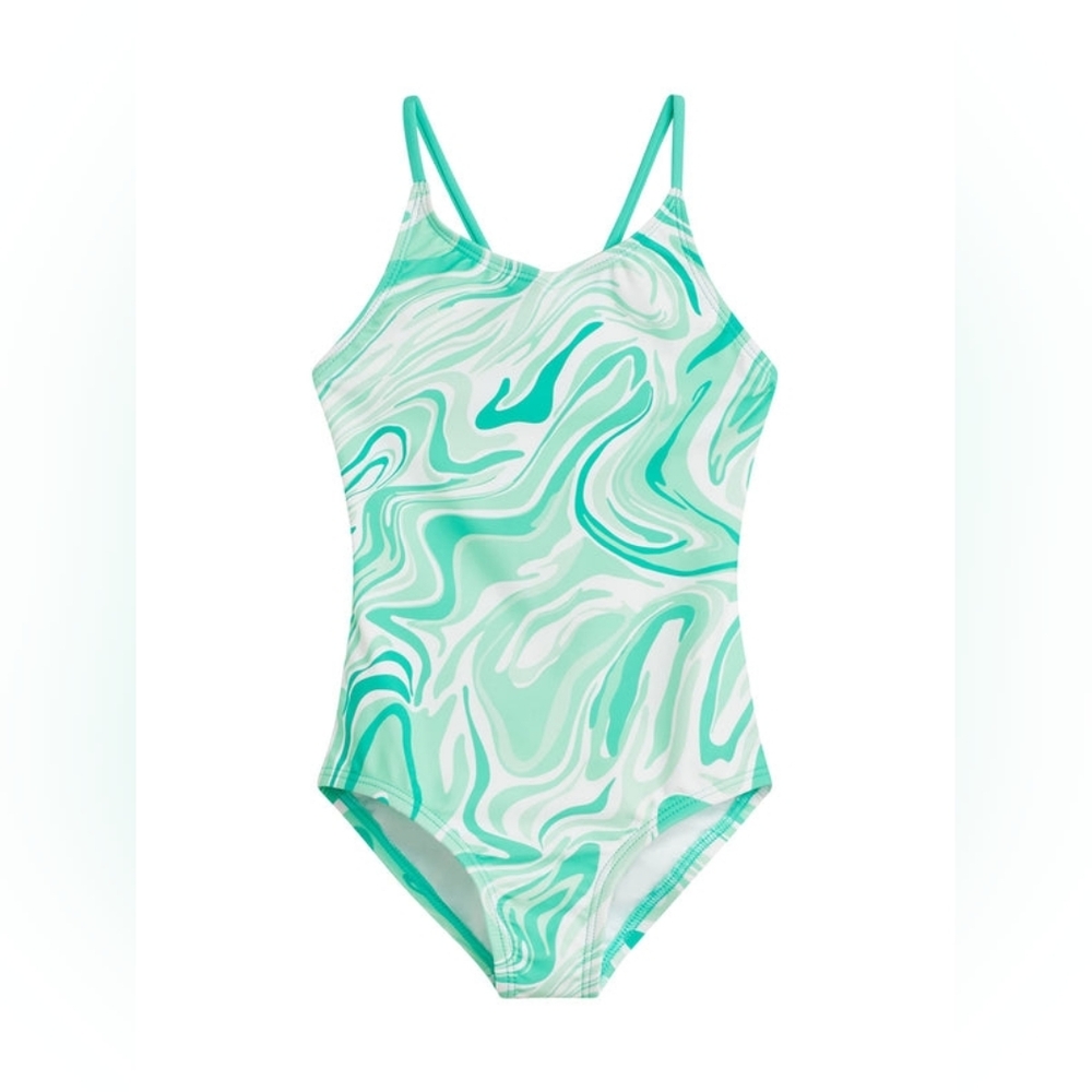 KANU Green and White Pastel Swirl Full-Coverage Girl's Swimsuit - Size 4